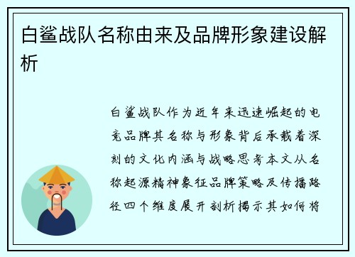 白鲨战队名称由来及品牌形象建设解析