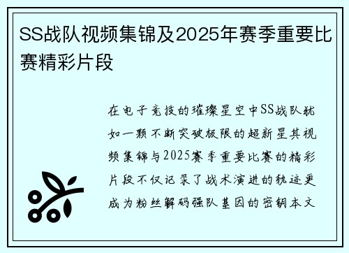 SS战队视频集锦及2025年赛季重要比赛精彩片段