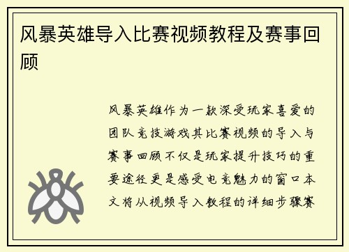 风暴英雄导入比赛视频教程及赛事回顾